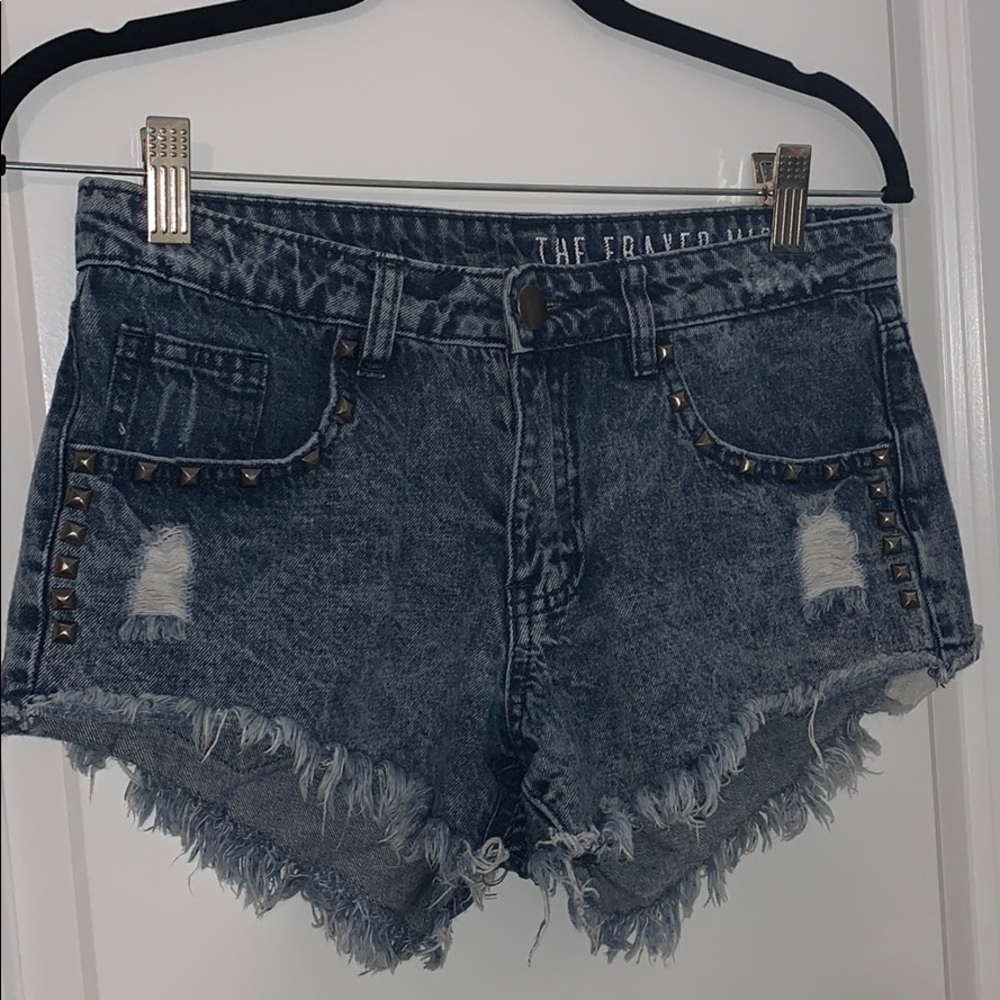 Frayed Mid-Rise Studded Jean Shorts